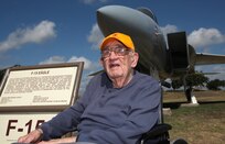Dwight Gutzler tours the Lackland Air Park Aug. 9. The 88 year old's visit to Lackland fulfilled his dream of seeing the F-15 Eagle. (U.S. Air Force photo/Robbin Cresswell) 
