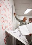 Col. William H. Mott V, 37th Training Wing commander, and a group of Lackland senior leaders work on an eight-step problem solving exercise during the AFSO21 leadership seminar Aug. 19. (U.S. Air Force photo/Robbin Cresswell)