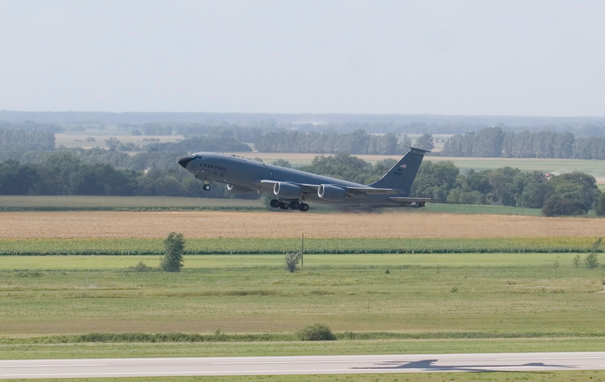A McConnell KC-135 Stratotanker takes off as part of an operational readiness exercise Aug. 17, 2010, Grand Forks Air Force Base, N.D.  The exercise began Aug. 15 and required the base to deploy more than 100 Airmen and four of McConnell’s 63 Stratotankers.  (U.S. Air Force photo/Senior Airman Abigail Klein)