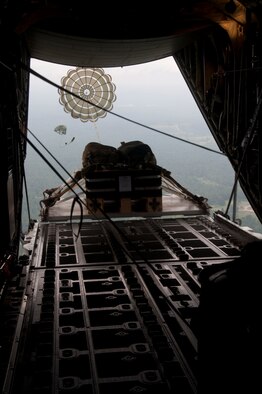 The 815th Airlift Squadron, “The Flying Jennies” drop a cargo pallet while conducting a training mission Aug. 19 over Camp Shelby, Hattiesburg, Miss. During the mission, combat maneuvering of the C-130J-30 “Super Hercules” was executed, in addition to dropping two training pallets.  (U. S. Air Force photo/Master Sgt. Daniel Nathaniel)
