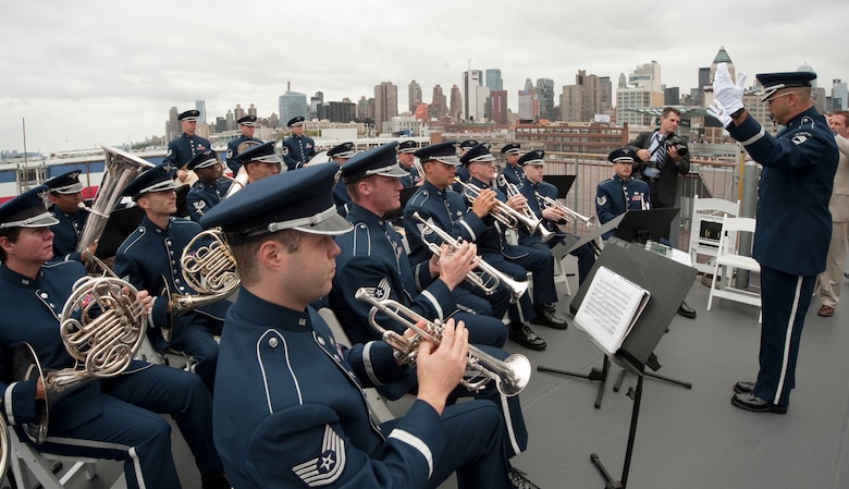 The Air Force Band performed during the Air Force Week New York City proclamation ceremony Aug. 24, 2010, on the flight deck of the USS Intrepid Sea, Air and Space Museum. (U.S. Air Force photo/Lance Cheung)