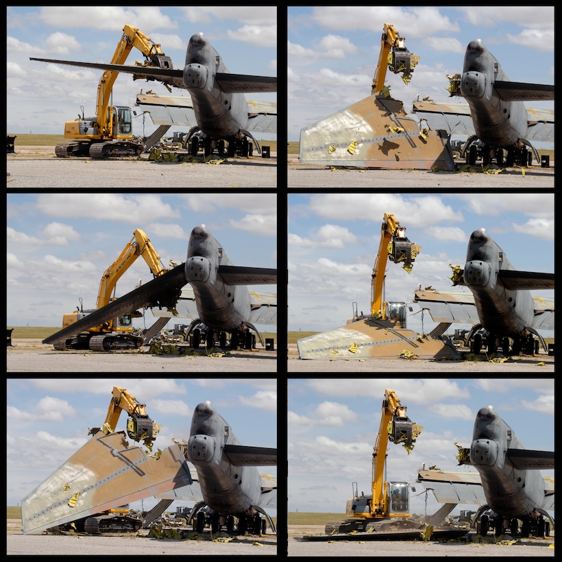This photo illustration shows the progress of a demolition crew removing a tail wing from a B-52G Aug. 25. The 982nd Maintenance Squadron worked with Navy Facilities Engineering Command, Engineering Center, from Port Hueneme, Calif., to dismantle the aircraft. The aircraft was removed from the Ground Instructional Training Aircraft ramp to make room for a B-52H. (U.S. Air Force photo/Mike Litteken)