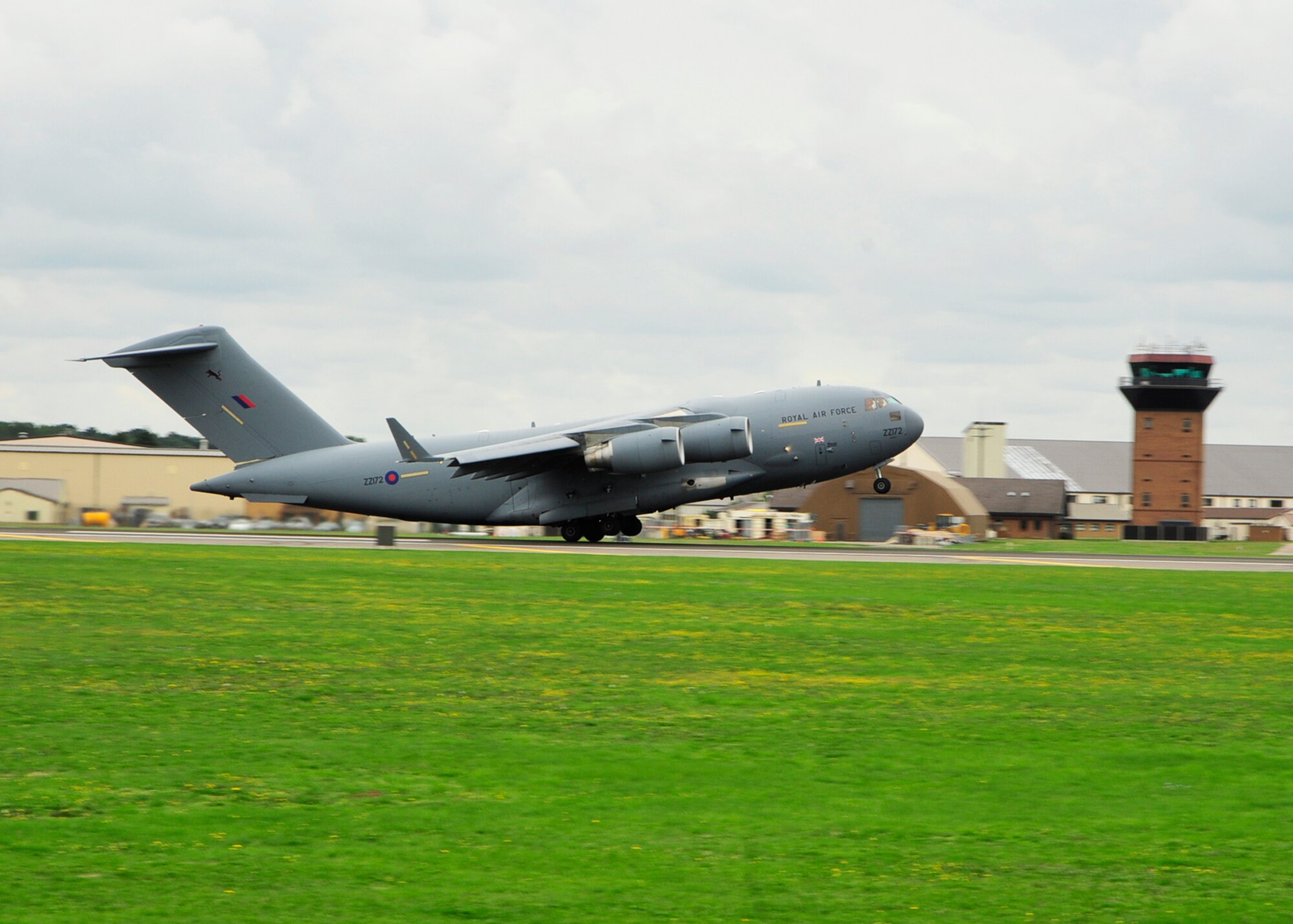 A Royal Air Force C-17 Globemaster takes off from RAF Lakenheath, England, Aug. 25. The C-17 left carrying U.S. Air Force equipment to support Operation Icelandic Air Policing. (U.S. Air Force photo/Airman 1st Class Tiffany Deuel)