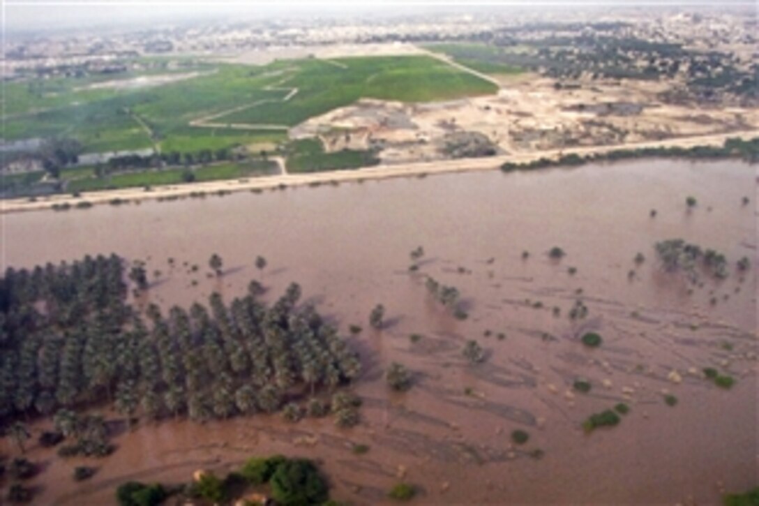 An aerial view from a U.S. UH-60 Black Hawk helicopter shows extensive flooding in Pakistan, Aug. 25, 2010. The United States has been providing military support since the flooding began, providing aircraft for rescues and to deliver food and other supplies.