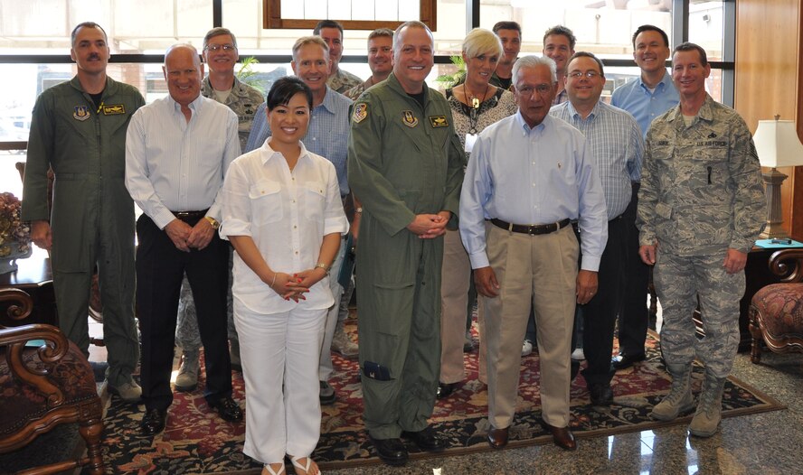 Col. Walter "Buck" Sams (center), 419th Fighter Wing commander, and other wing leadership welcomed six new Citizen Partners, or honorary commanders, to the 419th family Aug. 26. (U.S. Air Force photo/Kari Tilton)