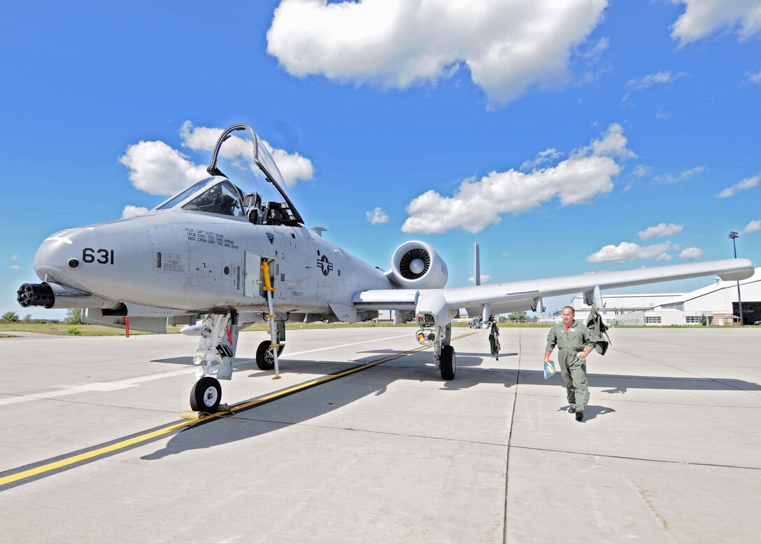 Two A-10 aircraft from Whiteman 442nd Fighter Wing make a pit-stop at the Niagara Falls Air Reserve Station to top off their tanks on the way to an air show in New Hampshire August 27, 2010, Niagara Falls N.Y. The 442nd Fighter Wing is responsible for the operation, maintenance and support of a squadron of A-10 Thunderbolt II aircraft, more commonly known as the "Warthog," or simply as "The Hawg." (U.S. Air Force photo by Staff Sgt. Joseph McKee)