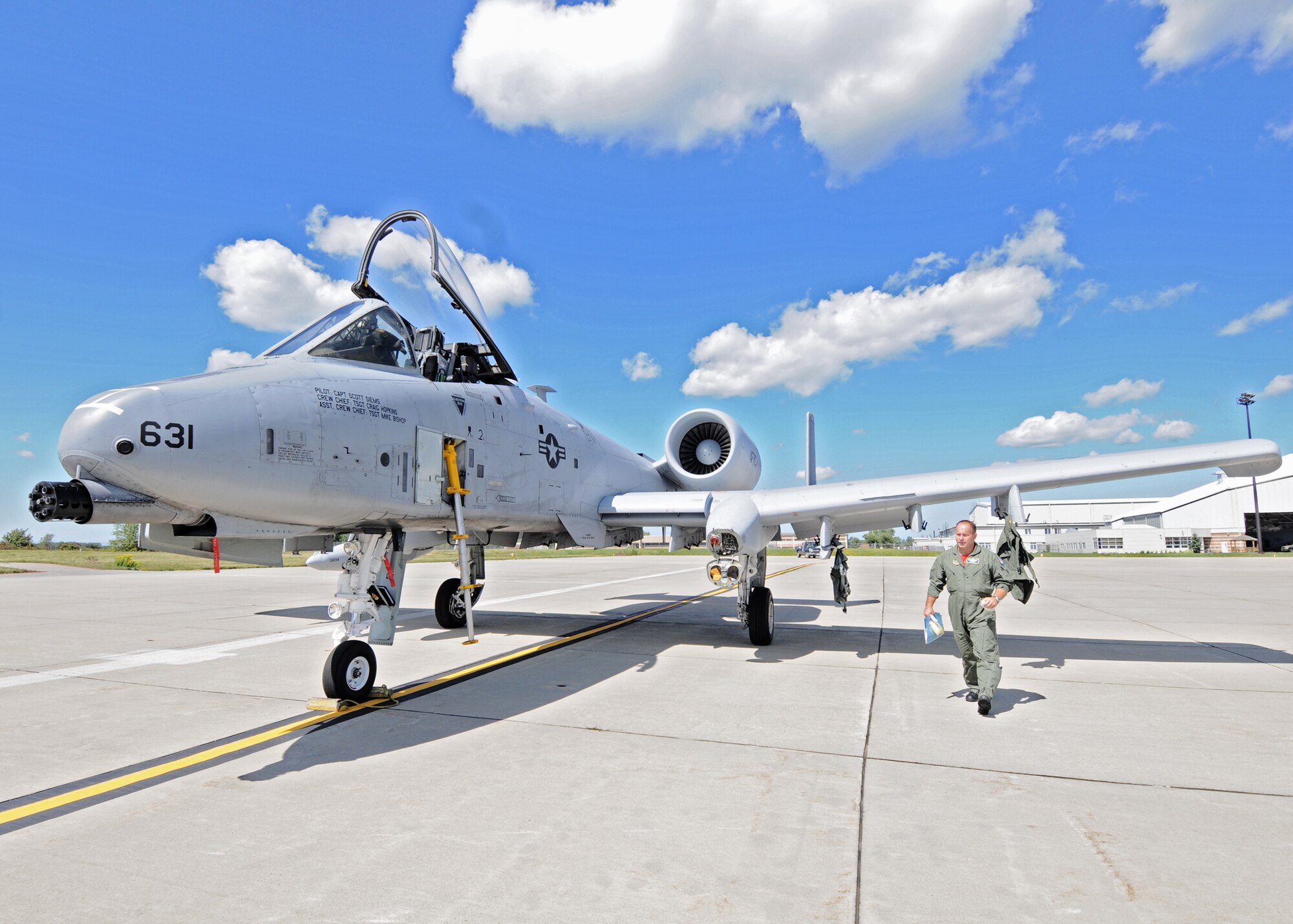 Two A-10 aircraft from Whiteman 442nd Fighter Wing make a pit-stop at the Niagara Falls Air Reserve Station to top off their tanks on the way to an air show in New Hampshire August 27, 2010, Niagara Falls N.Y. The 442nd Fighter Wing is responsible for the operation, maintenance and support of a squadron of A-10 Thunderbolt II aircraft, more commonly known as the "Warthog," or simply as "The Hawg." (U.S. Air Force photo by Staff Sgt. Joseph McKee)