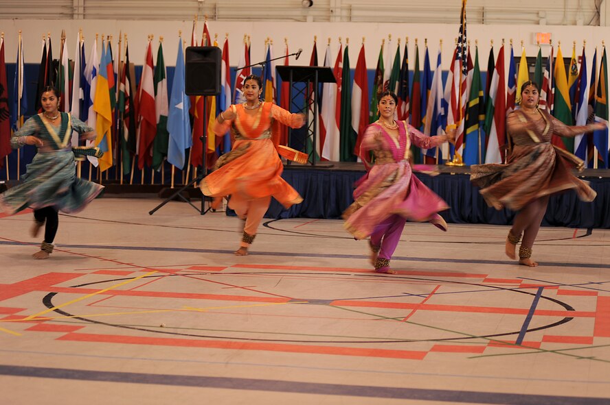 Dancers from Winnipeg’s School of Indian Dance, Music and Theater, performed at the Grand Forks Air Force Base World Showcase Cultural Fair Aug. 26 at Liberty Square. The wing held the showcase to celebrate a variety of cultures at one time. (U.S. Air Force photo by Senior Airman Amanda N. Stencil)