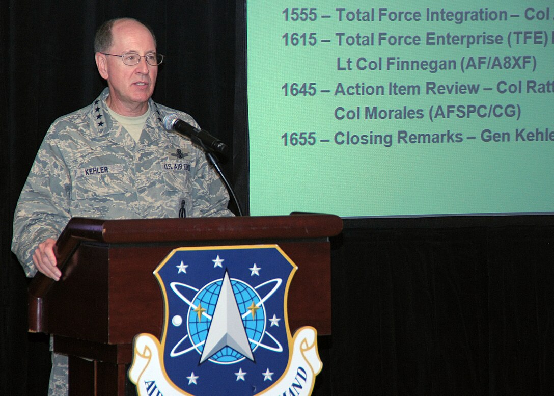 Gen. C. Robert Kehler, commander of Air Force Space Command; delivers opening remarks at the executive session of the Air Reserve Component Focus Day Aug. 26, at Peterson AFB. (Air Force photo by Duncan Wood) 