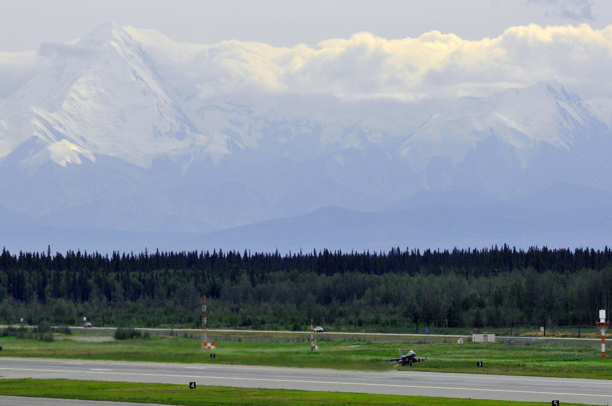 An F-16 Fighting Falcon from the 115th Fighter Wing, takes off from Eielson AFB, Alaska during a Red Flag training exercise Aug. 17. The 115th deployed 10 aircraft and more than 130 Airmen in support of the Red Flag exercise. (Wisconsin Air National Guard photo by Tech Sgt. Ashley Bell)