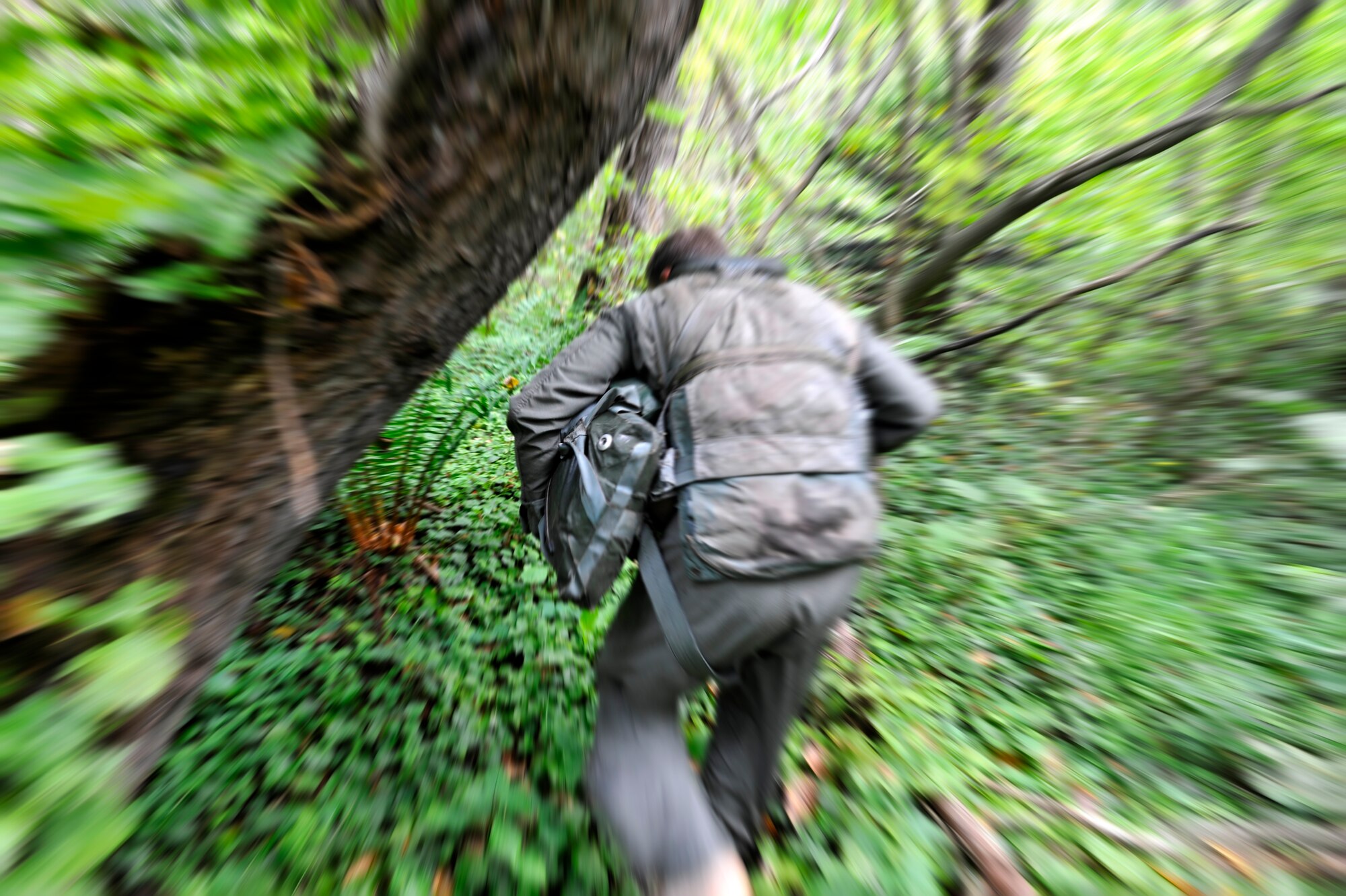 MISAWA AIR BASE, Japan -- Capt. Don Davenport,  13th Fighter Squadron F-16 pilot, runs through the forrest while evading opposing forces during combat survival training Aug. 26. Pilots must complete this training every three years to remain proficient. (U.S. Air Force photo/Staff Sgt. Chad C. Strohmeyer)