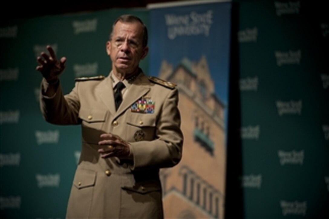 Chairman of the Joint Chiefs of Staff Adm. Mike Mullen, U.S. Navy, addresses audience members at Wayne State University in Detroit, Mich., on Aug. 26, 2010.  Mullen is on a three-day Conversation with the Country tour to the Midwest discussing needs of returning troops, their families and how community leaders can support them.  