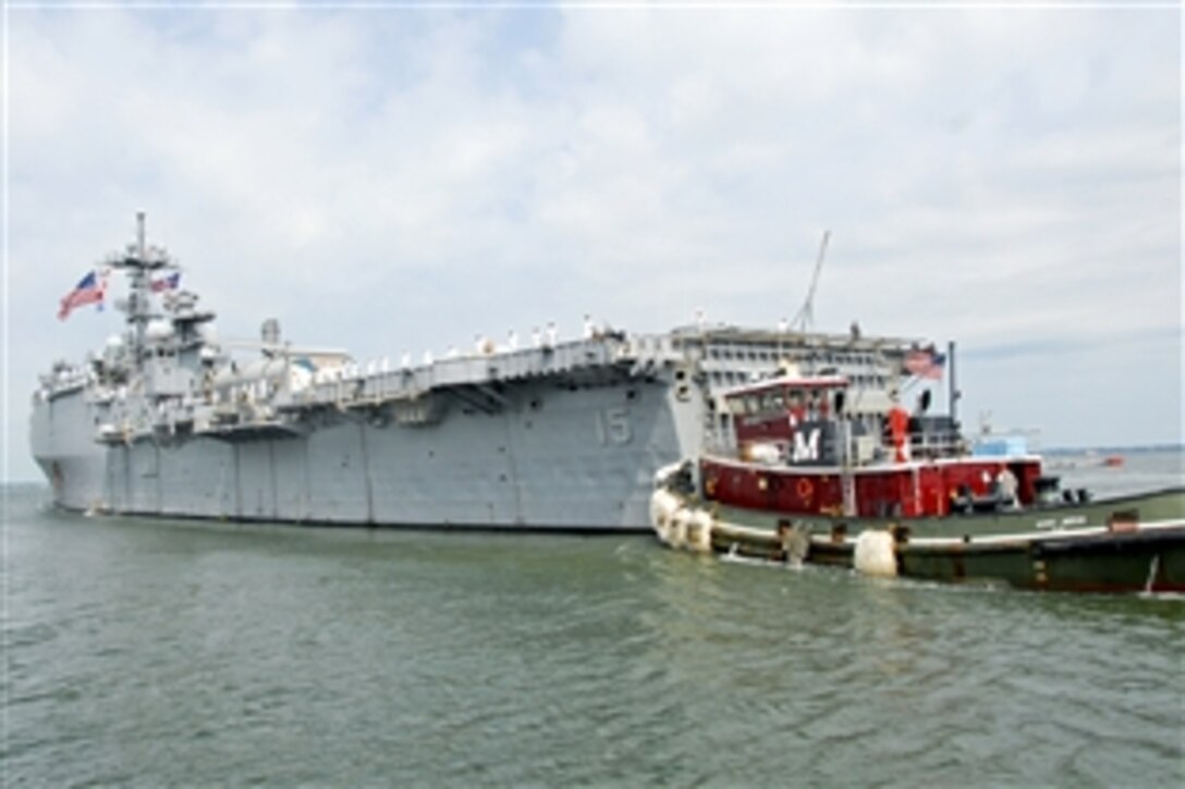 The amphibious transport dock ship USS Ponce departs Naval Station Norfolk, Va., for Pakistan to help provide relief to flood-stricken regions, Aug. 27, 2010. The Ponce is part of the Kearsarge Amphibious Ready Group. The ship and the embarked units of the 26th Marine Expeditionary Unit are executing an early deployment to the region to support ongoing humanitarian aid and disaster relief operations.