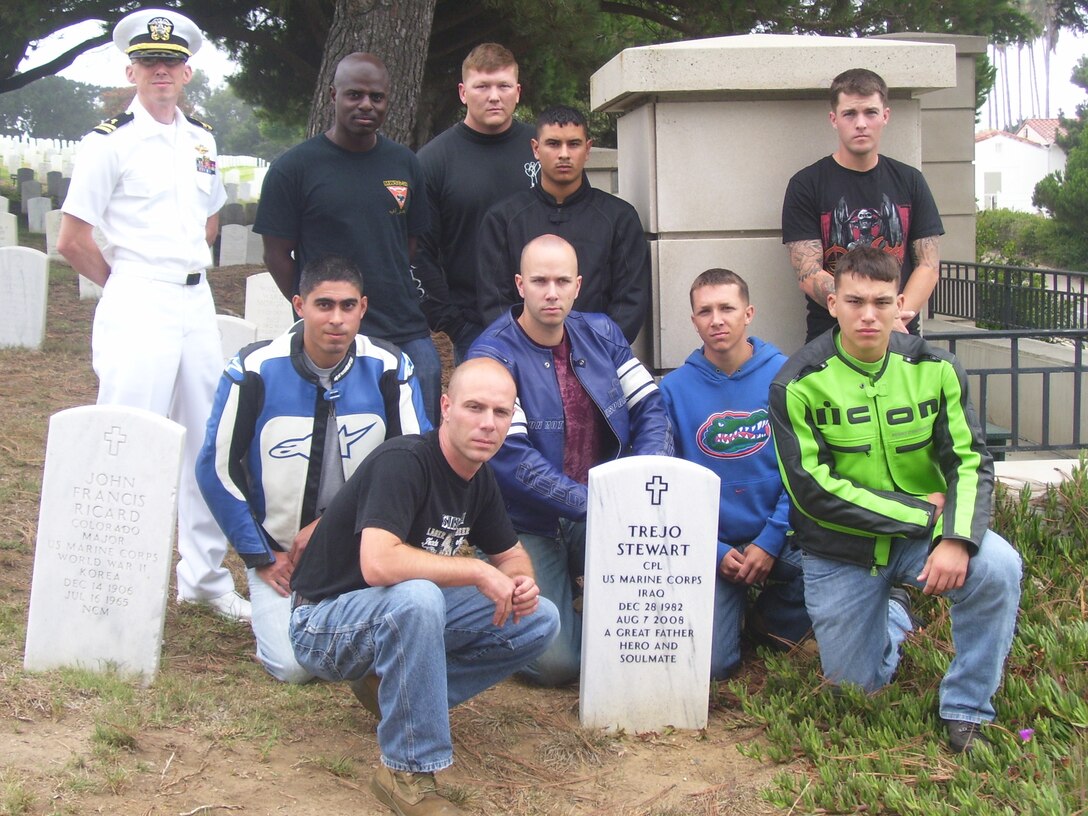 Members of the 1st Maintenance Battalion, Combat Logistics Regiment 15, 1st Marine Logistics Group Motorcycle Club pose near the grave site of Cpl. Stewart Trejo, 25, from Whitefish, Mont., at the Fort Rosecrans National Cemetery in San Diego, Aug. 27. The service members rode more than 100 miles in order to honor the memory of Trejo as well as Cpl. Adam McKiski, 21, from Cherry Valley, Ill., who both died Aug. 7, 2008, while supporting combat operations in Anbar province, Iraq.