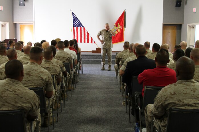 Commandant of the Marine Corps Gen. James T. Conway speaks with the U.S. Marines in Kansas City about the future of the Marine Corps mission and manpower August 28 at 9th Marine Corps District Headquarters. Conway said he expects the Marine Corps to reduce manning levels sometime after the end of the war in Afghanistan.