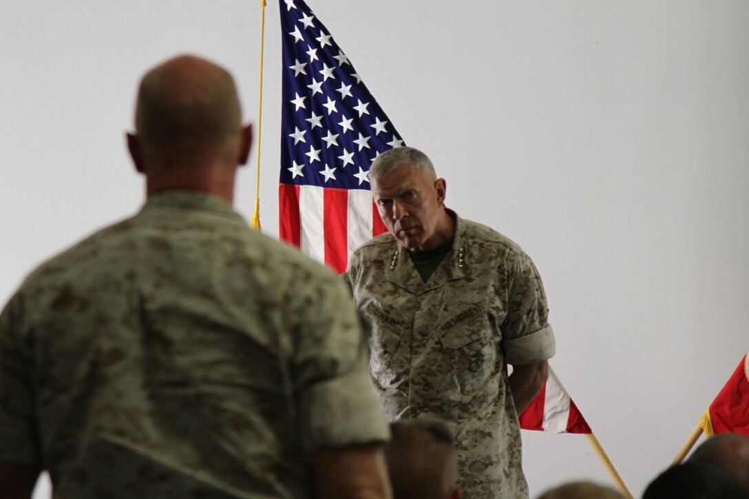 Commandant of the Marine Corps Gen. James T. Conway listens to a question from a Marine during a visit with the U.S. Marines in Kansas City August 28 at 9th Marine Corps District Headquarters. Conway said he expects the Marine Corps to reduce manning levels sometime after the end of the war in Afghanistan.