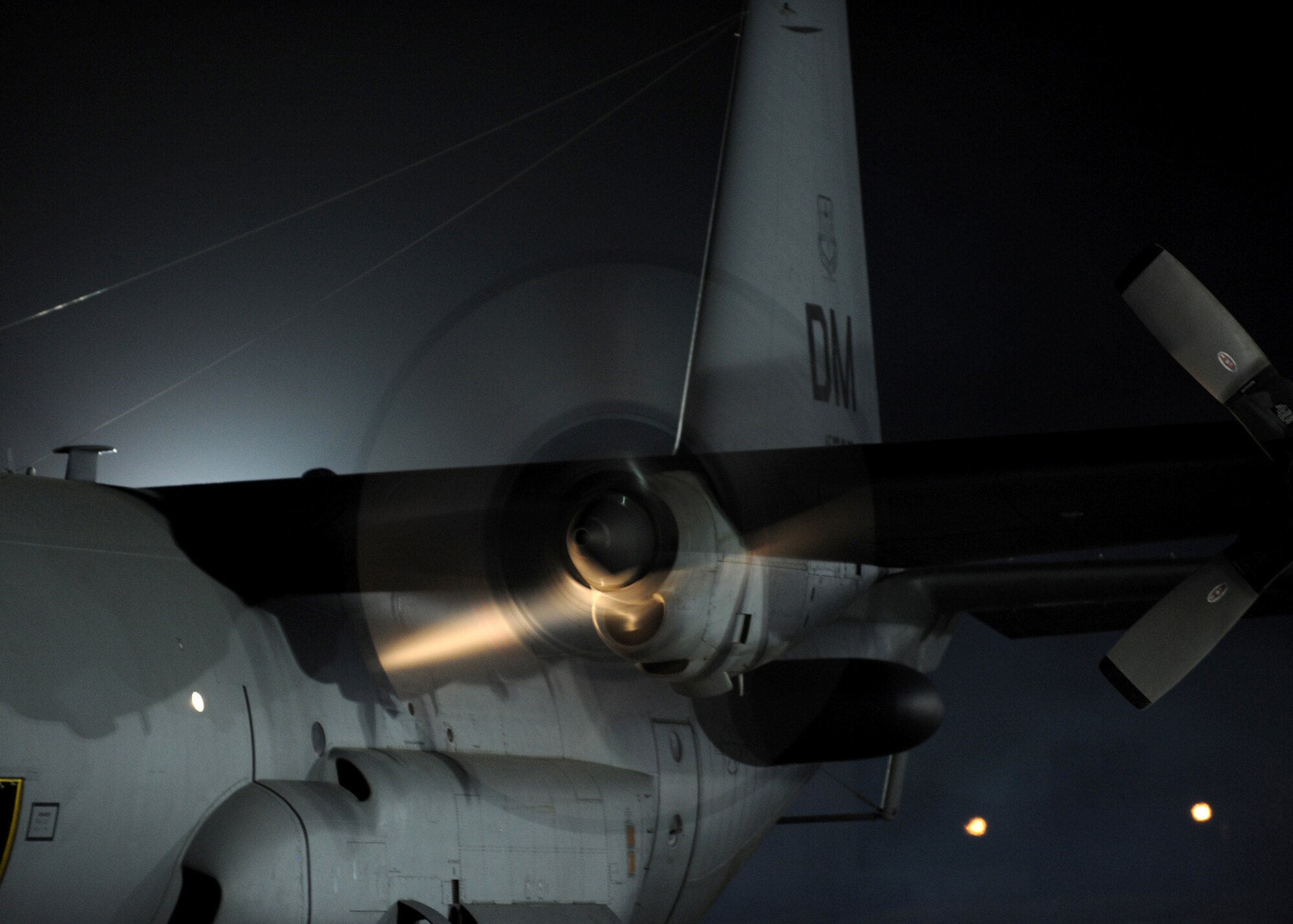 SOUTHWEST ASIA - A propeller spins on a U.S. Air Force EC-130H aircraft as its crew prepares to depart from an undisclosed air base here Aug. 29,  2010. The aircraft and its unit,  the 43rd Expeditionary Electronic Combat Sqaudron, have been assigned to the 386th Air Expeditionary Wing for 6 1/2 years but are moving to another base in the U.S. Central Command area of responsibility becuase of the responsible drawdown of forces in Iraq. The EC-130H Compass Call aircraft provides U.S. forces with the ability to jam enemy communications. (U.S. Air Force photo by Senior Airman Laura Turner/Released)