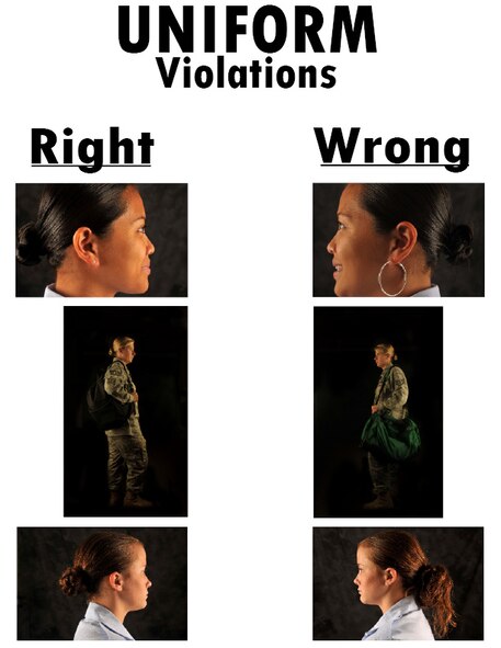 MOODY AIR FORCE BASE, Ga. -- Air Force instructions should be followed and standards upheld at all times. These are the areas where you can find information on Air Force instructions pertaining to hair: Table 1.5 of AFI 36-2903, earrings: Table 2.6 of AFI 36-2903, gym bags or backpacks: Table 2.6 of AFI 36-2903. (U.S. Air Force illustration/Airman 1st Class Joshua Green)
