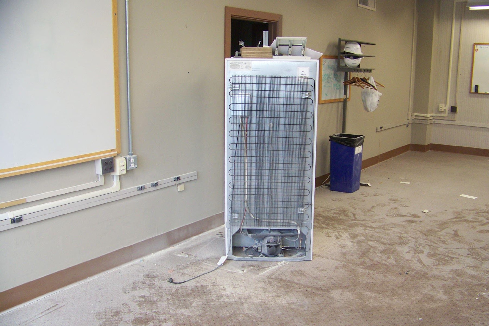 This refrigerator caught fire Aug. 16 in VKF. Notice the white powdery residue from the fire extinguisher. (Photo by Wayne Jennings) 