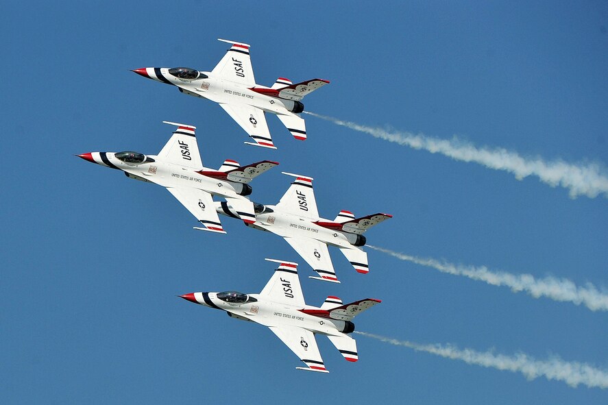 OFFUTT AIR FORCE BASE, Neb. - The U. S. Air Force Thunderbirds demonstration team performs during the 2010 Defenders of Freedom Open House and Air Show here Aug 28. The Thunderbird team is made up of more than 120 personnel who represent all Airmen across the globe. The primary Thunderbird mission is to represent the pride, precision and professionalism all Airmen demonstrate. U.S. Air Force Photo by Charles Haymond