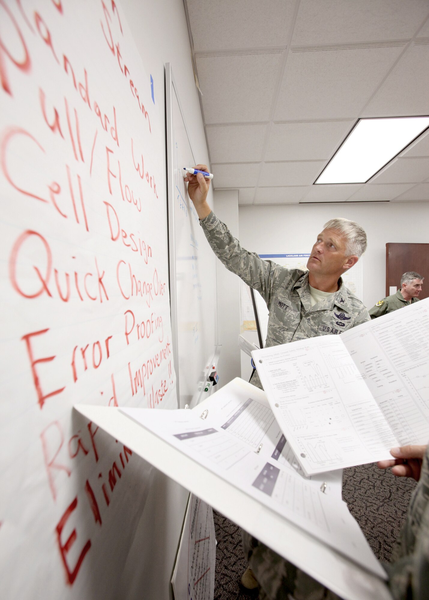 Col. William H. Mott V and a group of senior leaders work on an eight-step problem solving exercise during the Air Force Smart Operations for the 21st Century leadership seminar Aug. 19, 2010, at Lackland Air Force Base, Texas. Colonel Mott is the 37th Training Wing commander. (U.S. Air Force photo/Robbin Cresswell)