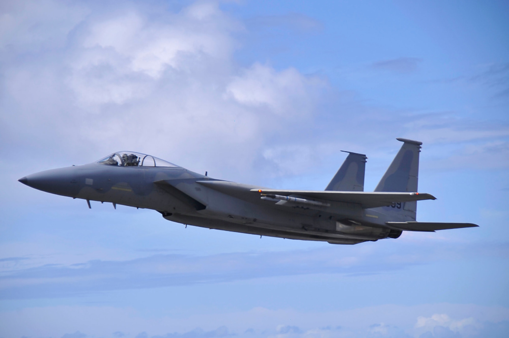 JOINT BASE PEARL HARBOR-HICKAM, Hawaii - F-15 Eagle pilot, Lt. Col Mark "Odie" Ladtkow of the 199th Fighter Squadron, Hawaii Air National Guard, Joint Base Pearl Harbor-Hickam, takes off for his last F-15 training mission on Aug. 25 while at Hickam. The 199th is transitioning from the F-15 to the F-22 Raptor, which is a fifth generation fighter. The 199th has flown the F-15 since 1987 and received their first two Raptors on July 9, 2010.  (U.S.  Air Force photo/Tech Sgt. Cohen A. Young)