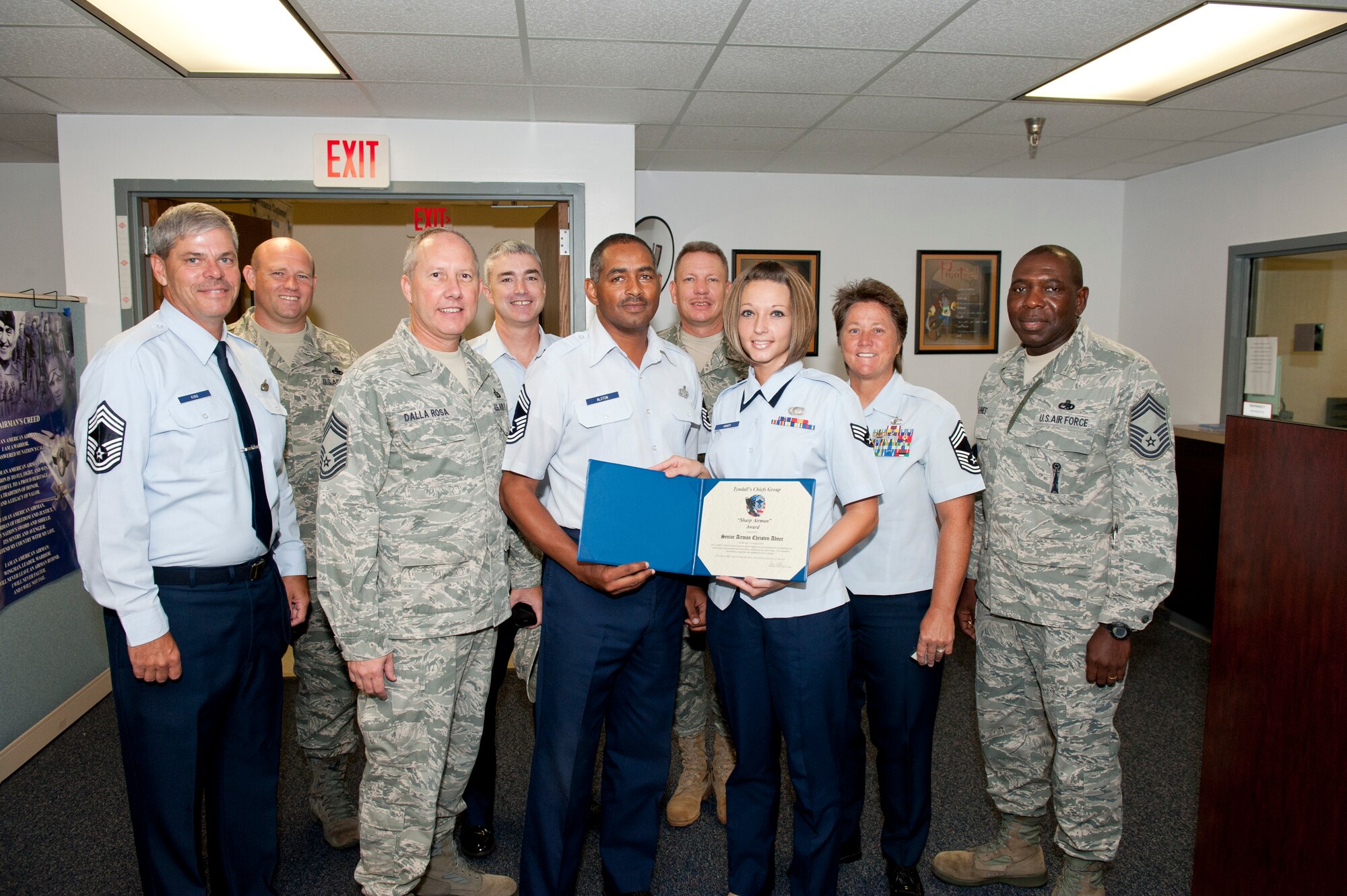Senior Airman Christen Abner, 325th Comptroller Squadron, was awarded the Chief's Group Sharp Airman Award for the month of August by the Tyndall Chief's Group. In addition to her primary comptroller duties, she is a Physical Training Leader and Air Force Sergeants Association Treasurer. She participates in the NCO Academy’s Airmen Council and volunteers in the Hearts-to-Hand Program giving food and clothing to the homeless. She is active in the Adopt-a-Highway Program, Big Brothers and Big Sisters Program, and is a mentor at Springfield Elementary School. The award can be given monthly to Airmen E-1 to E-6 who wear their uniforms with pride and demonstrate exemplary professionalism while meeting the whole person concept. (U.S. Air Force photo/Jonathan Gibson)