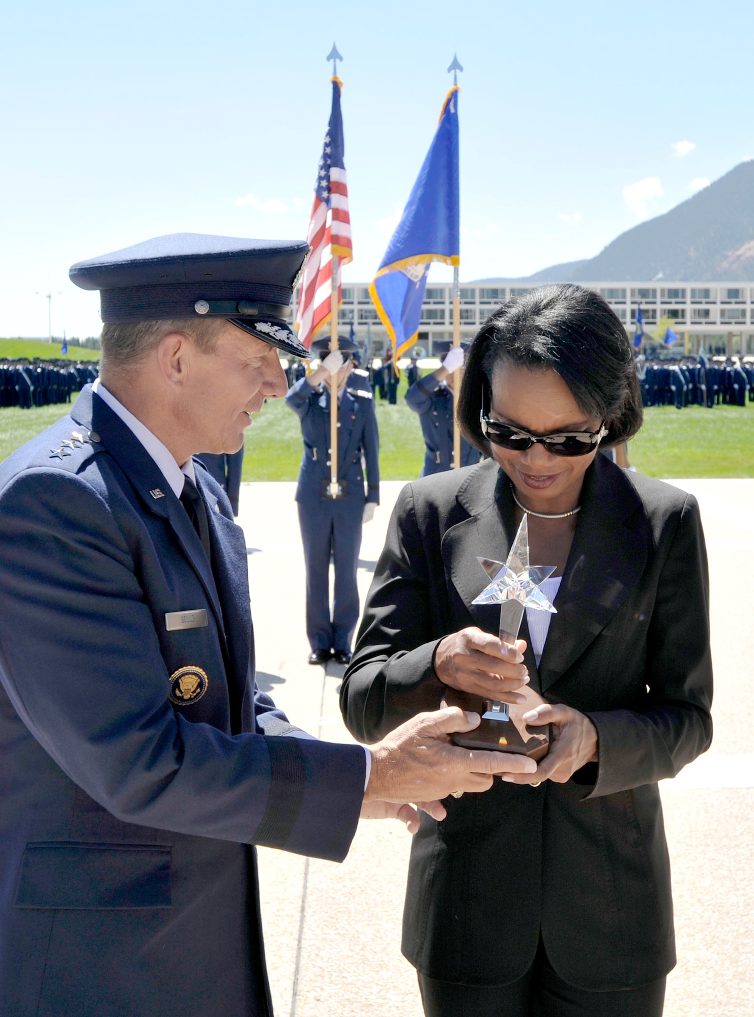 Air Force Academy Superintendent Lt. Gen. Michael C. Gould presents Dr. Condoleezza Rice with the 2009 Thomas D. White Award there Aug. 26, 2010, for her contributions to national security and defense during her career as a professor, presidential adviser, diplomat, author and national security expert. (U.S. Air Force photo/Bill Evans)
