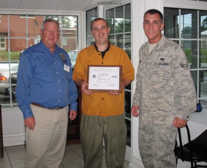 Ken Oppenheim (left) with North Carolina ESGR, presents a Patriot Award to Mr. Jonathan Schatz, employer of Senior Airman Austin Clark of the 916th Air Refueling Wing (Photo courtesy of NC ESGR)