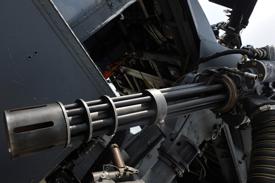 MOODY AIR FORCE BASE, Ga. -- A 7.62 mm mini-gun sits on the side of an HH-60G Pave Hawk here Aug. 20. Each HH-60G is mounted with two mini-guns and each weapon has the capability to fire between 2,000 to 4,000 rounds per minute. (U.S. Air Force photo/Airman 1st Class Benjamin Wiseman)
