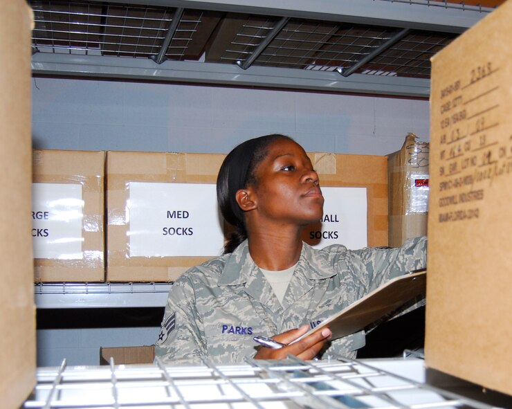 Senior Airman Candice Parks, 43rd Logistics Readiness Squadron material management technician, takes inventory of equipment in her unit's warehouse Aug. 25, 2010, at Pope Air Force Base, N.C. (U.S. Air Force Photo/Senior Airman Kris Levasseur) 