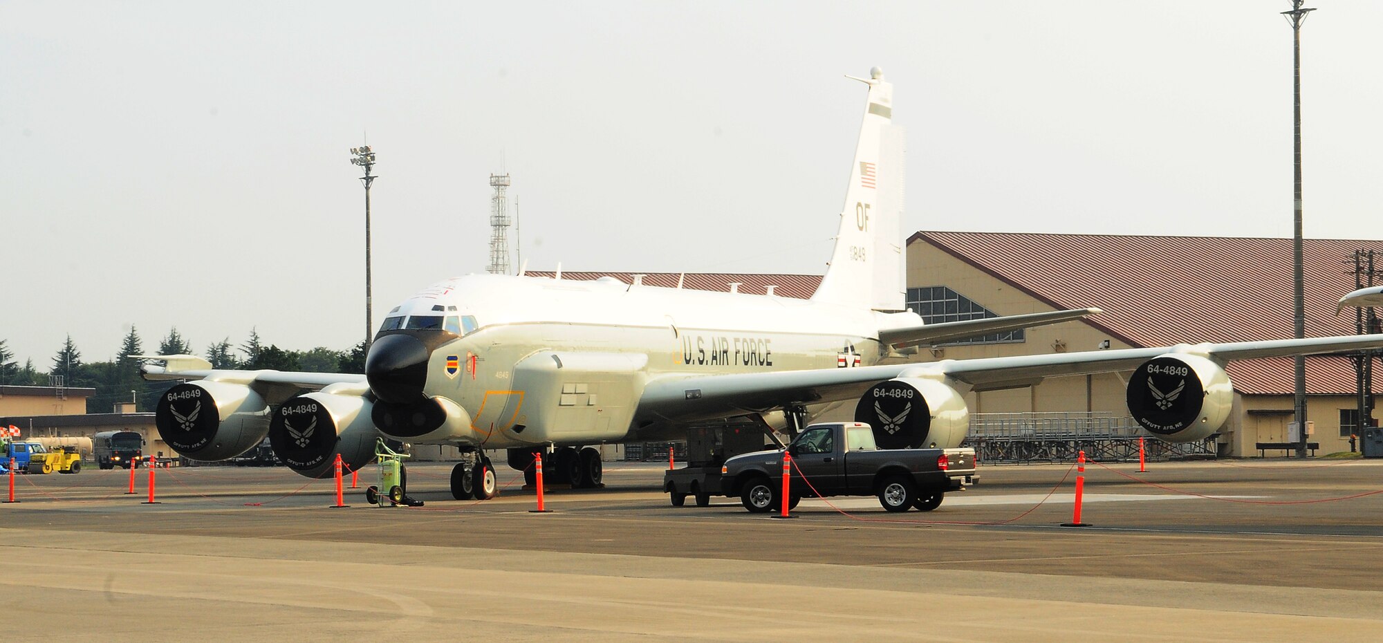 YOKOTA AIR BASE, Japan -- An RC-135 arrived at Yokota Air Base Monday, seeking shelter from TCCOR conditions at Kadena Air Base. Due to tropical weather conditions around Kadena Air Base, with Typhoon related systems expected to hit the base early Tuesday, Yokota Air Base is providing a safe haven for eight visiting aircraft, including C-130s, KC-135s, an RC-135 and an E-3. The aircraft will remain at Yokota AB until the weather system has passed. (U.S. Air Force Staff Sgt Stacy Moless)