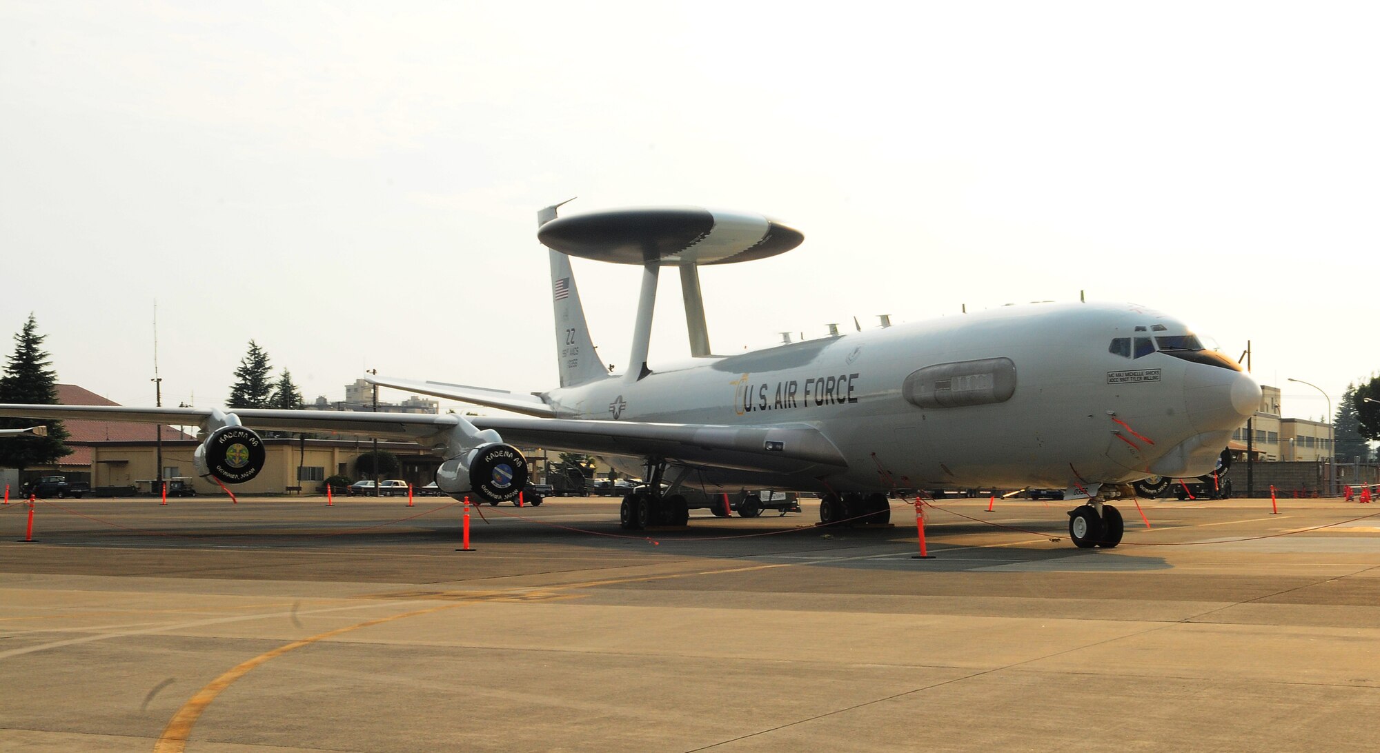 YOKOTA AIR BASE, Japan -- A Kadena Air Base E-3 AWACS weathers an Okinawan tropical storm system at Yokota Air Base, Monday. Due to tropical weather conditions around Kadena Air Base, with Typhoon related systems expected to make landfall early Tuesday, Yokota Air Base is providing a safe haven for eight visiting aircraft, including C-130s, KC-135s, an RC-135 and an E-3. The aircraft will remain at Yokota AB until the weather system has passed. (U.S. Air Force Staff Sgt Stacy Moless)