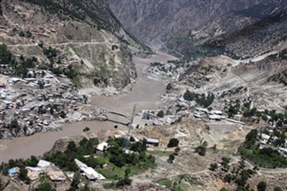 An aerial view from a U.S. Marine Corps CH-46E Sea Knight helicopter shows flooding in Kohistan, Pakistan, Aug. 27, 2010. The helicopter is assigned to Marine Medium Helicopter Squadron 165E, 15th Marine Expeditionary Unit. U.S. Marines are conducting humanitarian relief efforts in Khyber-Pakhtunkhwa province.