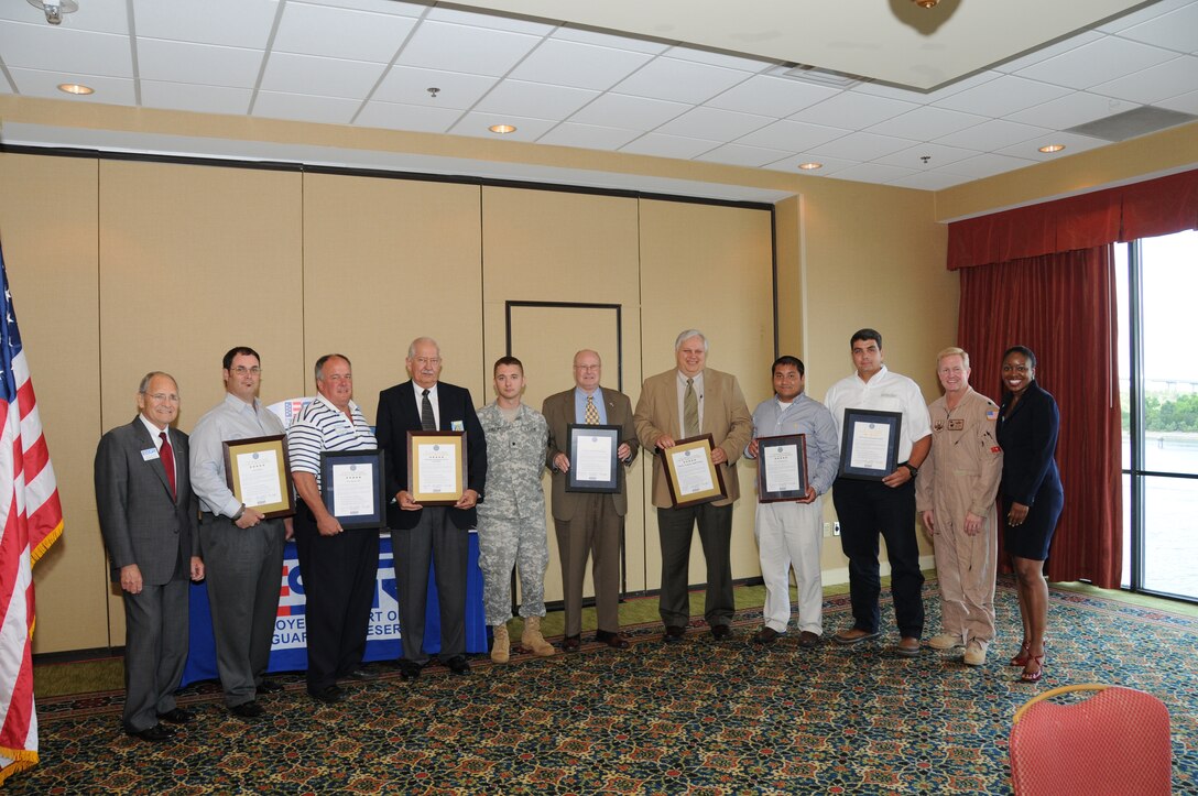 Georgia Employer Support of the Guard and Reserve (ESGR) recognized employers with a Patriot Award for the support they show to the service members in their employ. (Left to Right): Jerry Loupee, GA ESGR SE Area Director; Brent Bradley, Applebee?s;  Jayus Howard, Critz Buick GMC; Gregory Harvey, Directorate of Emergency Services Fort Stewart; Jamie Phillips, Army National Guard; Edward Wexler, Georgia Guard Insurance Trust; Robert Sprinkel, Liberty County Solid Waste; Tony Jacobs, MIT Holdings Inc.; Wesley Hawk, White Cap Construction Supply; Hal Davis, Squadron Commander, 165th Air National Guard; Penelope Harbour, GA ESGR Executive Director.