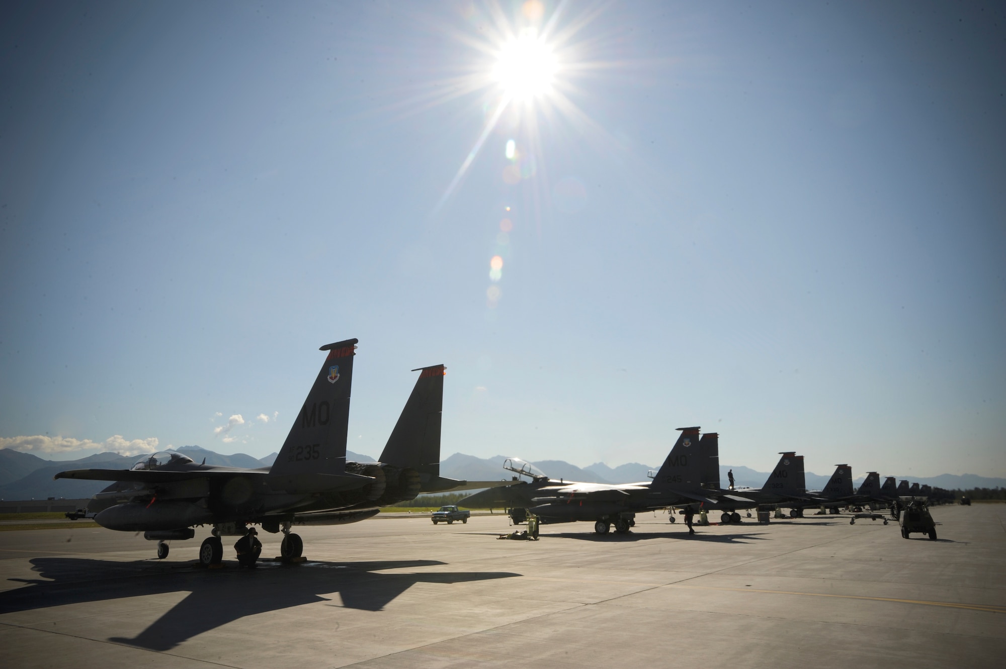 F-15E Strike Eagles from the 391st Fighter Squadron standby as they are having maintenance performed on them here, Aug 25.  The 391st FS is currently TDY to Joint Base Elmendorf-Richardson to aid in F-22 Raptor training. (U.S. Air Force Photo by Staff Sgt. Joshua Garcia) 
