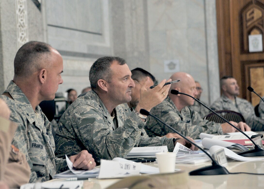 Maj. Gen. Joseph Reynes Jr. addresses attendees at the Air Force Central Command-Iraq Planning Conference May 28, 2010, at Camp Victory, Iraq. General Reynes has served as the director of the Air Component Coordination Element in Iraq, the director of the force strategic engagement cell for U.S. forces in Iraq, and 9th Air Expeditionary Task Force, Baghdad, Det. 2 commander, during his 18 months in Iraq. (U.S. Air Force photo/Senior Airman Perry Aston)