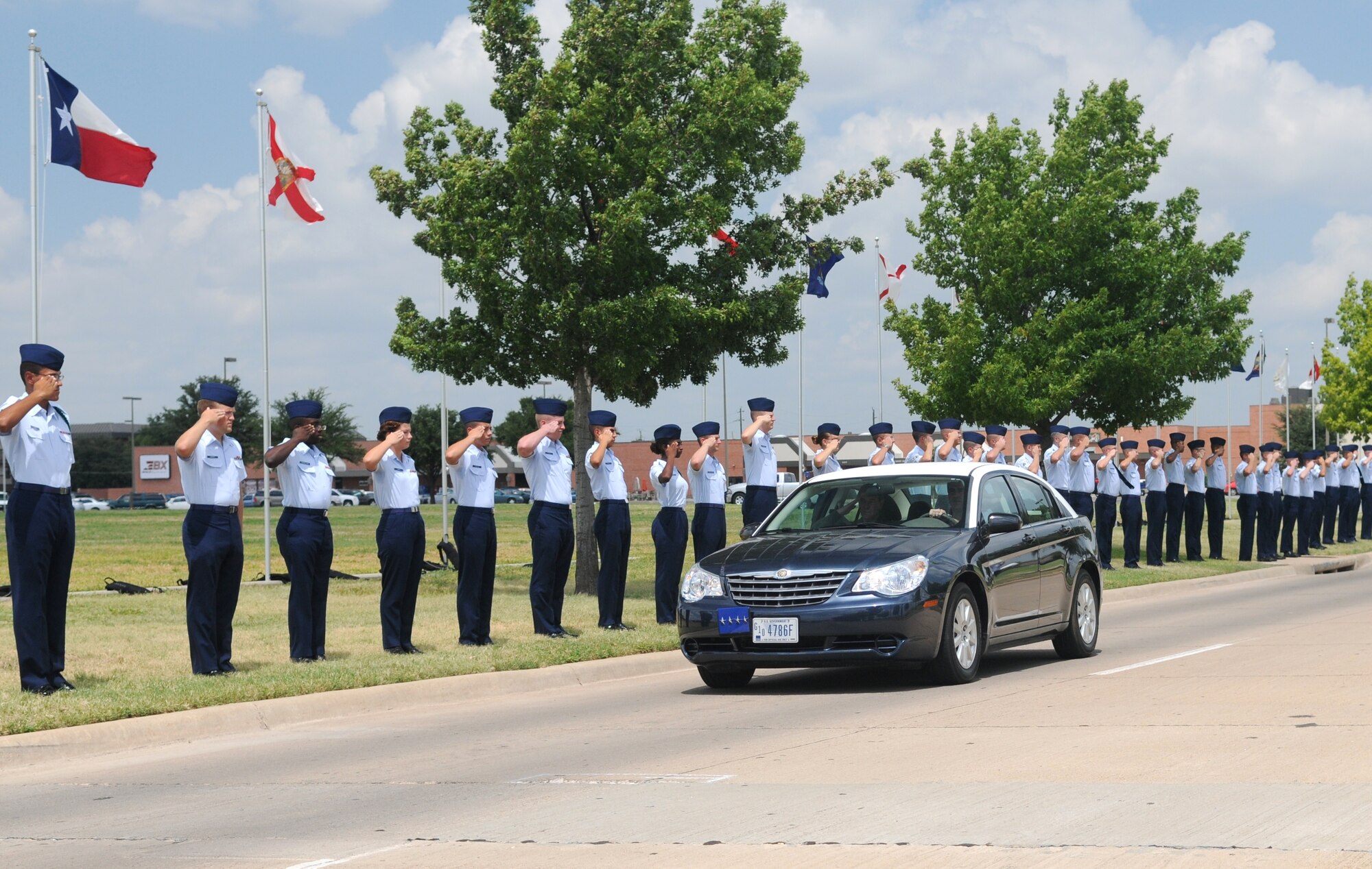 Goodfellow says farewell to Gen. Stephen Lorenz, Air Education and Training Command commander, after his visit here Aug. 30. (U.S. Air Force photo/Airman 1st Class Clayton Lenhardt)