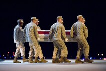 A U.S. Marine Corps team transfers the remains of Marine Corps Pfc. Vincent E. Gammone III, of Christiana, Tenn., at Dover Air Force Base, Del., August 9. Pfc. Gammone was assigned to 1st Battalion, 2nd Marine Regiment, 2nd Marine Division, II Marine Expeditionary Force, Camp Lejeune, N.C.  (U.S. Air Force photo/Roland Balik)