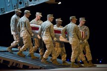 A U.S. Marine Corps team transfers the remains of Marine Corps Cpl. Kevin M. Cornelius, of Ashtabula, Ohio., at Dover Air Force Base, Del., August 9. Cpl. Cornelius was assigned to 1st Battalion, 2nd Marine Regiment, 2nd Marine Division, II Marine Expeditionary Force, Camp Lejeune, N.C.  (U.S. Air Force photo/Roland Balik)