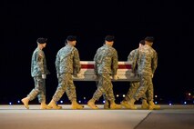 A U.S. Army carry team transfers the remains of Army Pfc. Paul O. Cuzzupe, of Plant City, Fla., at Dover Air Force Base, Del., August 9. Pfc. Cuzzupe was assigned to the 3rd Squadron, 2nd Stryker Calvary Regiment, Vilseck, Germany. (U.S. Air Force photo/Roland Balik)