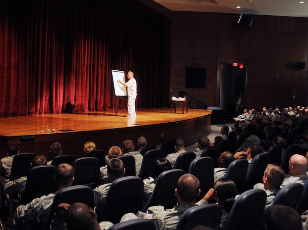 Comedian Steve Verret tallies up points for audience participation during his stand-up routine Aug. 26, 2010, on Joint Base Charleston, S.C. Mr. Verret engaged the audience with his Cajun flair and comedic talent, pitting sections of the audience against each other to vie for points on driving trivia and enthusiasm. Mr. Verret's routine fused his experience as a traffic safety instructor with stand-up comedy to educate Team Charleston on the simple yet statistically effective habits of safe driving. (U.S. Air Force photo/Airman 1st Class Ian Hoachlander)