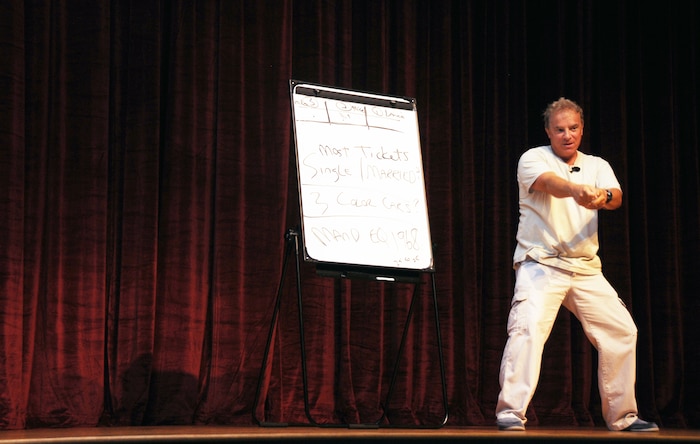 Comedian Steve Verret performs his stand-up routine for Airmen Aug. 26, 2010, on Joint Base Charleston, S.C. Mr. Verret's message is designed to promote safe driving and traffic safety awareness in an enthusiastic and relaxed setting with a twist from his Cajun comedy routine. Mr. Verret provided information ranging from types of car insurance to giving examples of how one mistake could affect the rest of an Airman's life. (U.S. Air Force photo/Airman 1st Class Ian Hoachlander)