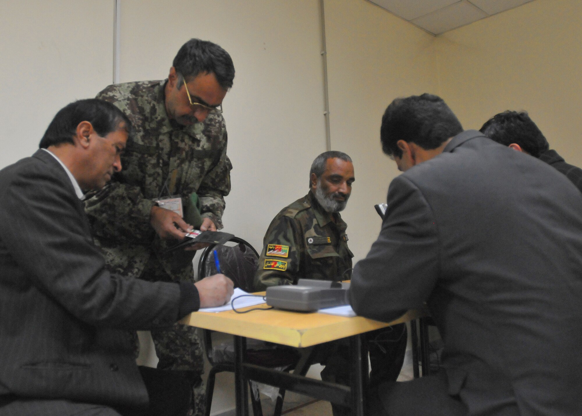 KABUL, Afghanistan – Afghan Air Force Airmen and civilian contractors perform Personnel Accountability Inventory incorporating a Biometrics component to strengthen force accountability and enhance force protection for AAF and Coalition partners Nov. 29 at the Afghan Air Force Base in Kabul, Afghanistan. (US Navy photo by MC2 Vladimir Potapenko/RELEASED).