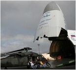 735th Air Mobility Squadron members assist 25th Infantry Division to download a UH-60 Blackhawk from a Russian-made AN-124 aircraft Nov. 17 on the flight line at Joint Base Pearl Harbor-Hickam, Hawaii. (Courtesy photo)