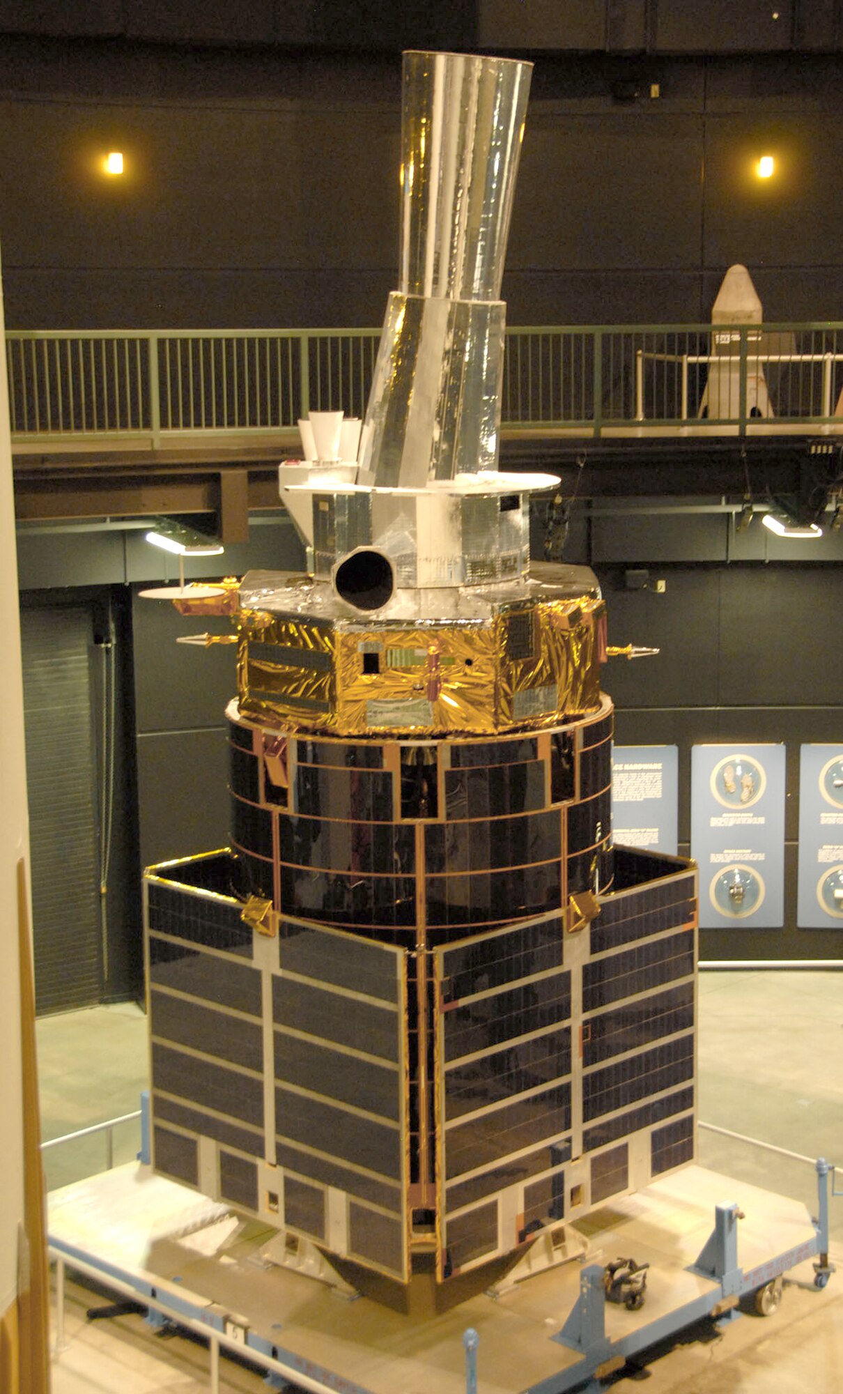 A structural test vehicle from the Defense Support Program stands on display in the National Museum of the U.S. Air Force's Missile & Space Gallery in Dayton, Ohio. (U.S. Air Force photo)