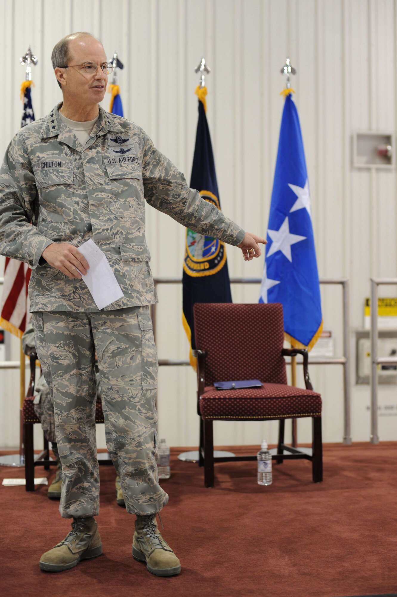 WHITEMAN AIR FORCE BASE, Mo. - Gen. Kevin Chilton, U.S. Strategic Command commander, addresses team Whiteman during an All-Hands Call here, Dec. 1. General Chilton's speech focused on the importance of Air Force Global Strike Command and nuclear deterrence. (U.S. Air Force base photo by Senior
Airman Carlin Leslie)  (Released)

