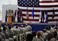 MINOT AIR FORCE BASE, N.D. -- Gen. Kevin P. Chilton, U.S. Strategic Command commander, speaks to the men and women of Minot AFB during his visit here Nov. 30. General Chilton’s visit highlighted the nuclear deterrence role of Team Minot in the Air Force Global Strike Command mission. The general also congratulated the men and women of Minot AFB for successfully completing their recent inspections and Global Thunder exercises. (U.S. Air Force photo/Senior Airman Michael J. Veloz)