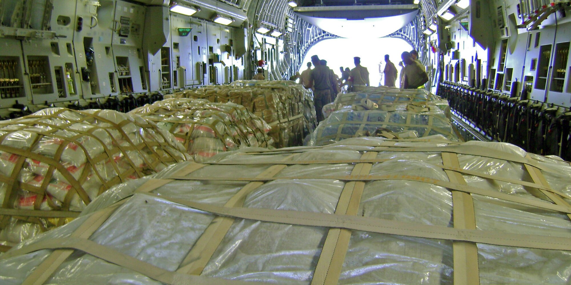 Bundles of humanitarian aid wait aboard a U.S. air Force C-17 transport prior to delivery to flood victims in southern Pakistan. (U.S. Air Force photo by Lt. Col. Shawn Underwood)