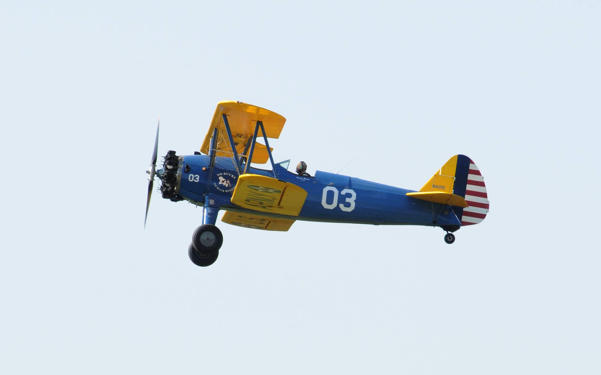 BEALETON, Va. -- Tech. Sgt. Dave Brown, 459th Aeromedical Evacuation Squadron medical material specialist flys his 1941 PT-17 Stearman during the Flying Circus air show here Oct. 10. When he's not performing his duties as an Air Force Reservist, Sergeant Brown performs aerobatic maneuvers for the air show and provides flight instruction through his business, Brown Aviation. (U.S. Air Force photo/Tech. Sgt. Steve Lewis) 